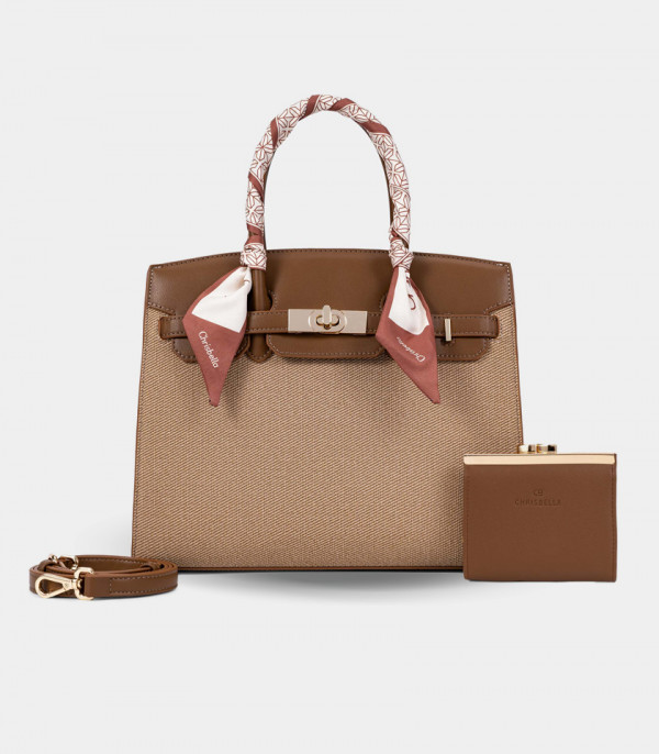 Set of the RAFFINATO structured handbag and matching wallet – CHRISBELLA Camel color.