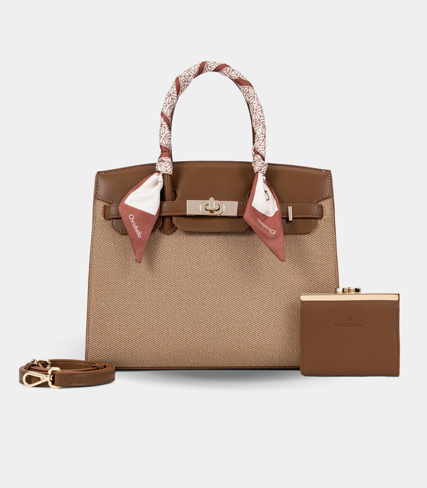 RAFFINATO structured handbag – CHRISBELLA Camel color, front view with scarf.