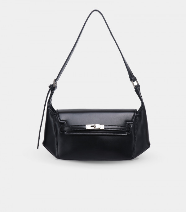 PRÉSENCE FÉFÉ structured shoulder bag – Black color, front view.