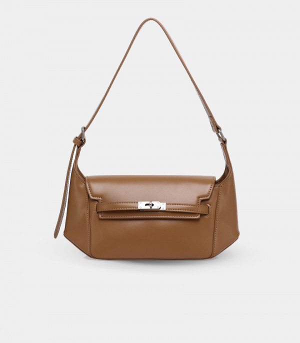 PRÉSENCE FÉFÉ structured shoulder bag – Coffee color, front view.
