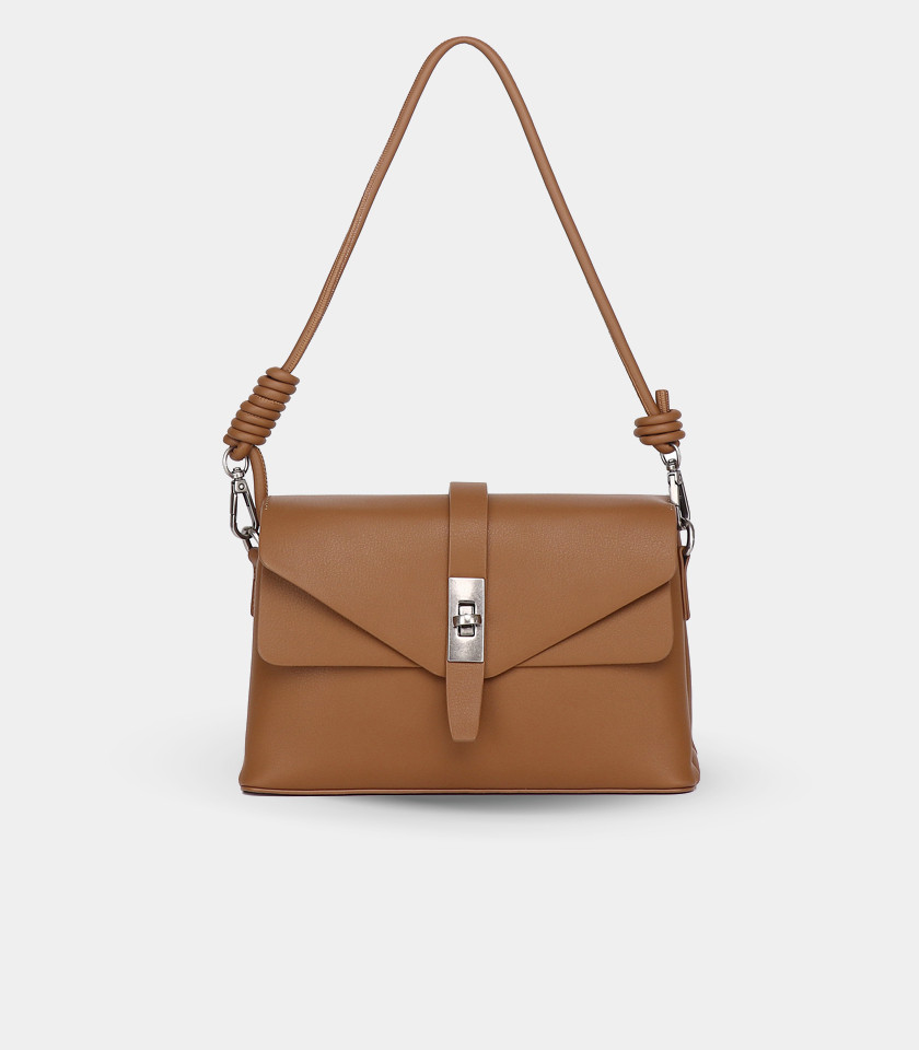 RÉSILIENCE FÉFÉ shoulder bag – Camel color, front view.