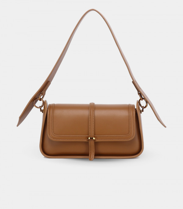 INTEMPOREL FÉFÉ structured shoulder bag – Camel color, front view.