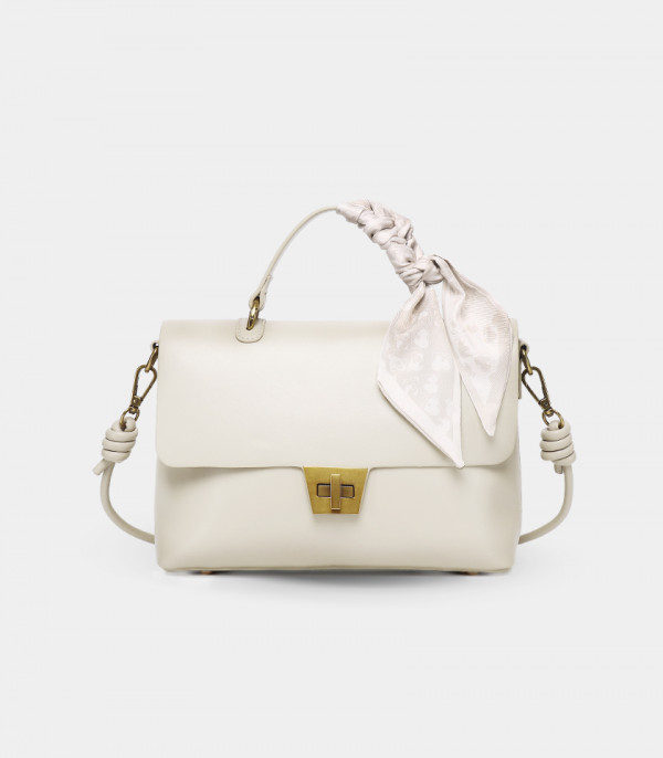 SINGULIER FÉFÉ handbag with strap – Ivory color, front view with scarf.