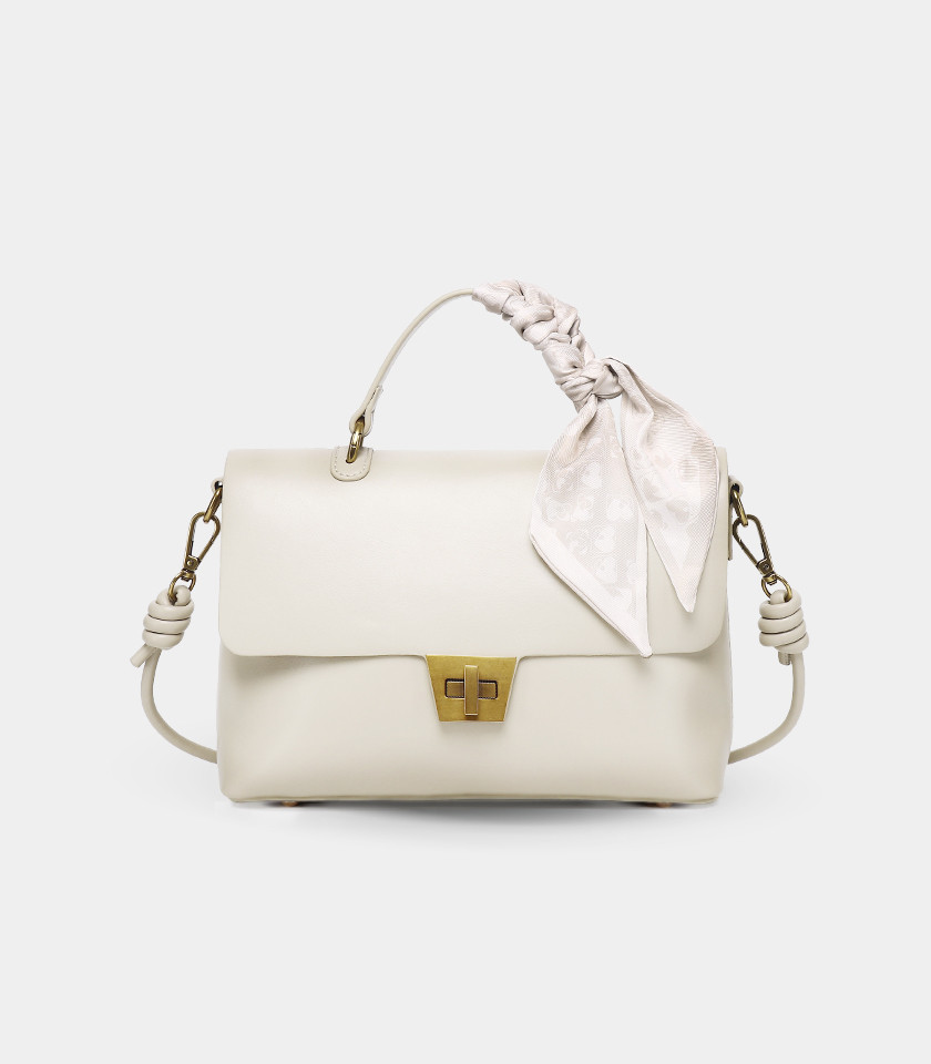 SINGULIER FÉFÉ handbag with strap – Ivory color, front view with scarf.