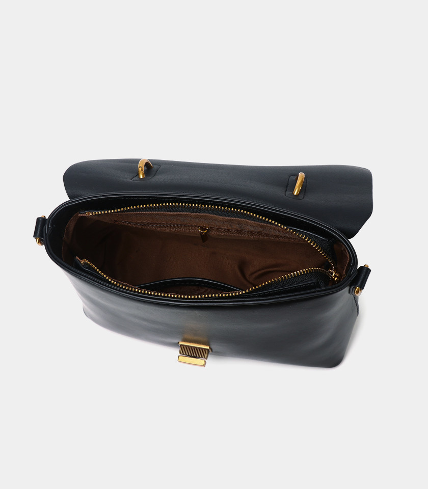 SINGULIER FÉFÉ handbag with strap – Black color, front view with scarf.