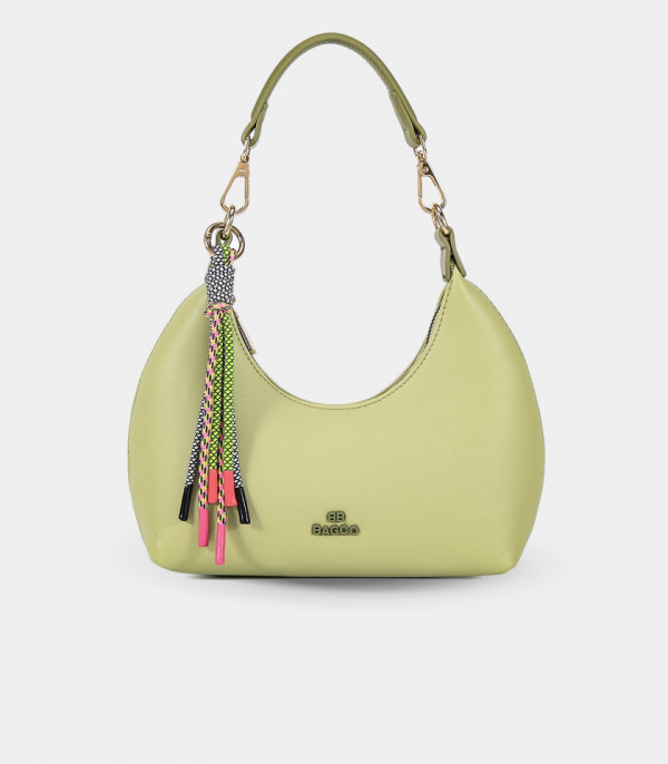 Mini sac hobo en demie-lune - BAGCO ORIGINE couleur Pistache, vue de face.