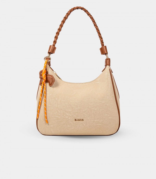 Borsa hobo con manico intrecciato NOMADE - BAGCO colore Avorio, vista frontale.