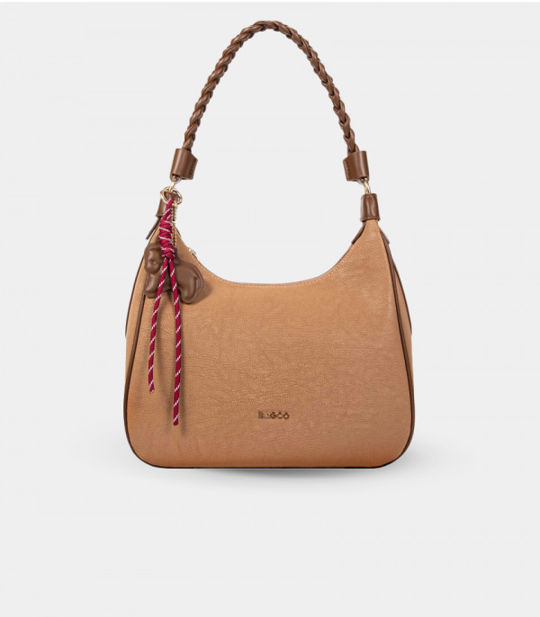 Sac hobo à poignée tressée NOMADE - BAGCO couleur Fauve, vue de face.