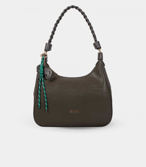 Borsa hobo con manico intrecciato NOMADE - BAGCO colore Cachi, vista frontale.
