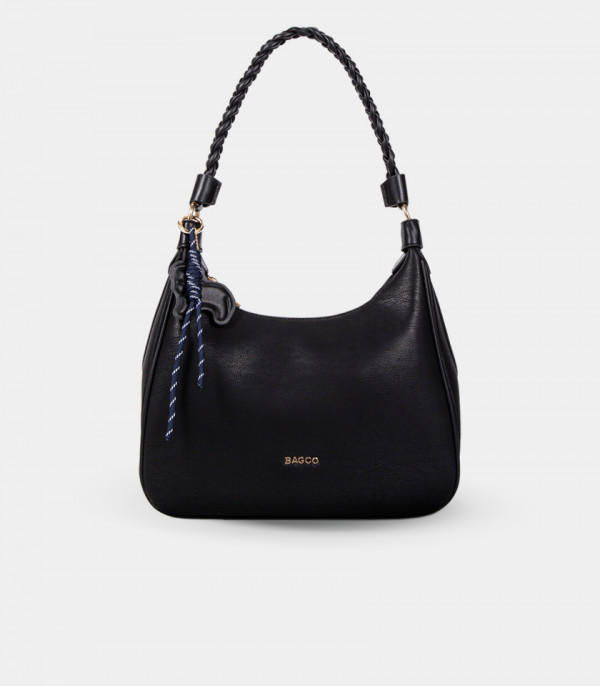 Sac hobo à poignée tressée NOMADE - BAGCO couleur Noir, vue de face.