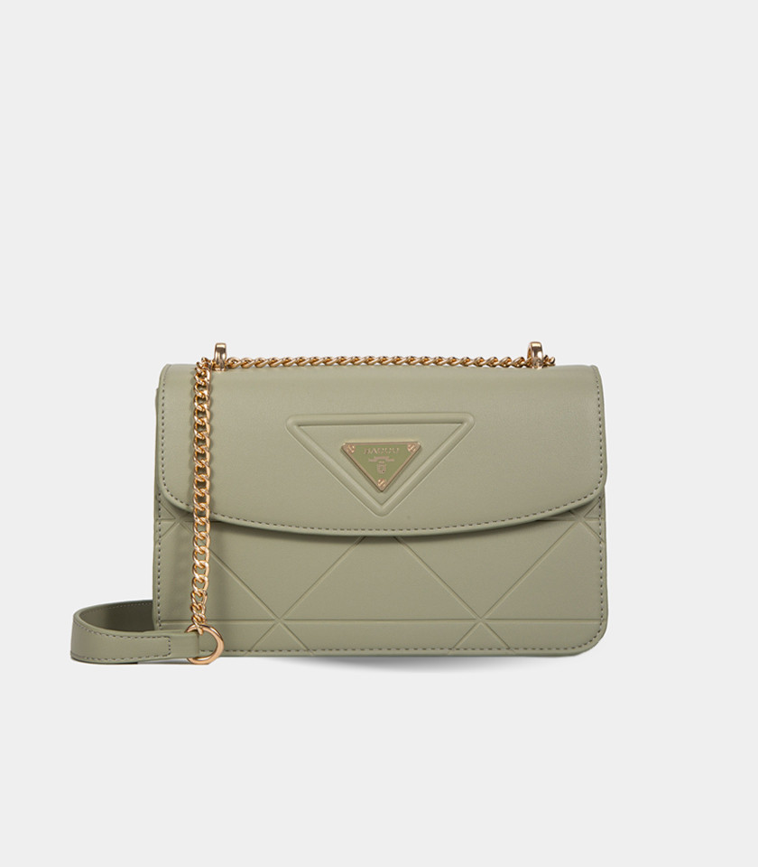 AURA chain handle flap bag - BAGCO Pistachio color, front view.