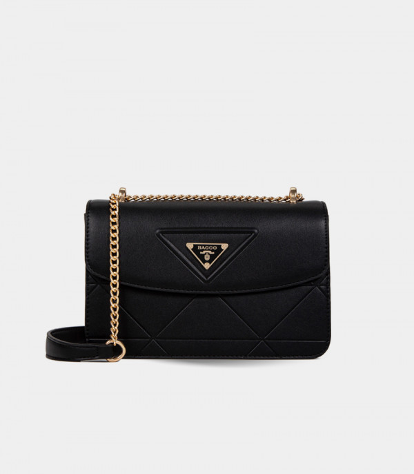 AURA chain handle flap bag - BAGCO Black color, front view.
