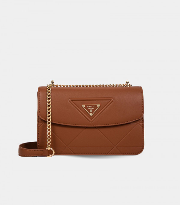 AURA chain handle flap bag - BAGCO Camel color, front view.