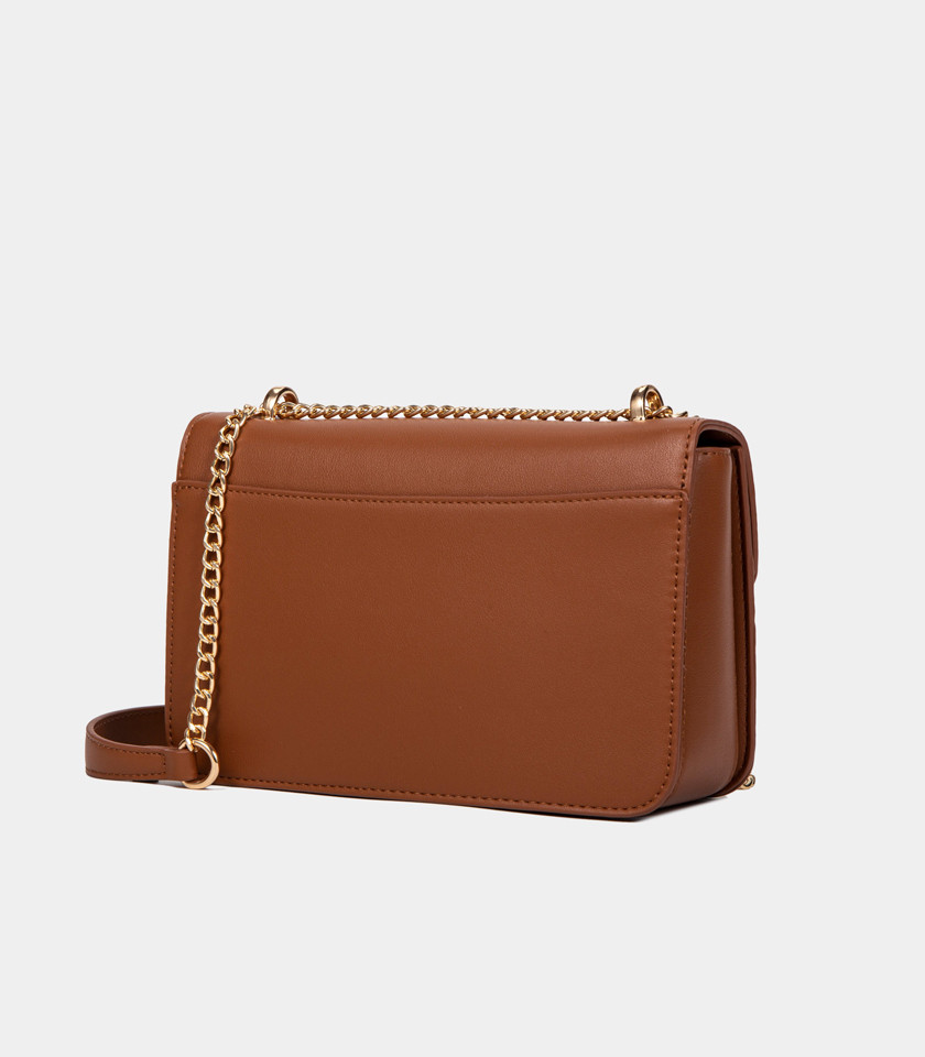 AURA chain handle flap bag - BAGCO Camel color, front view.