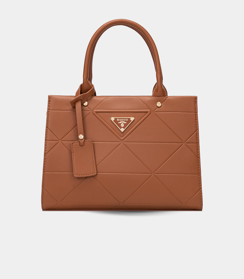 SYMBOL handbag with strap - BAGCO Camel color, front view.