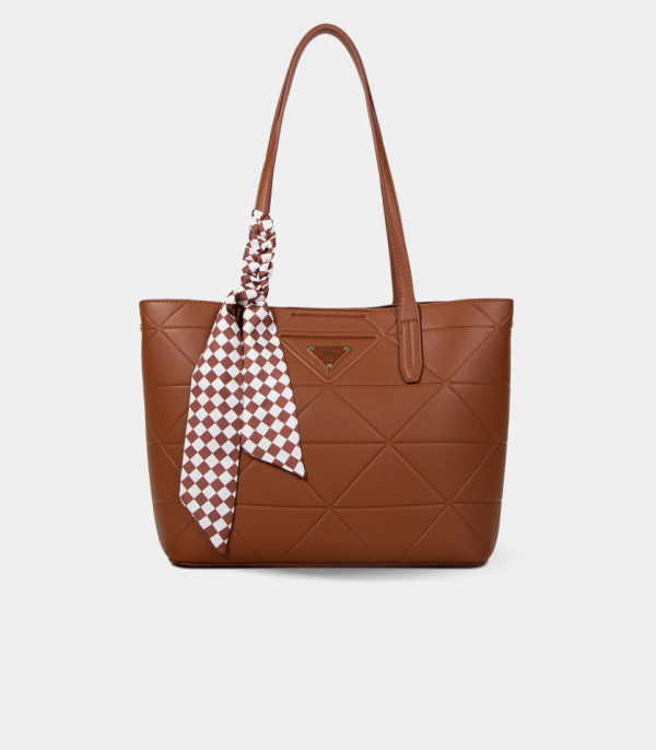 SCARF GEOMETRIC tote bag - BAGCO Camel color, front view.