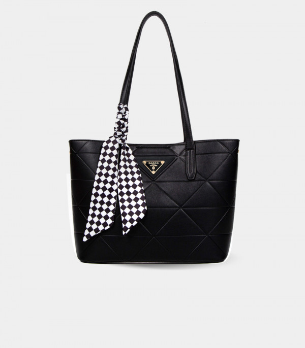 Sac cabas SCARF GEOMETRIC - BAGCO couleur Noir, vue de face.