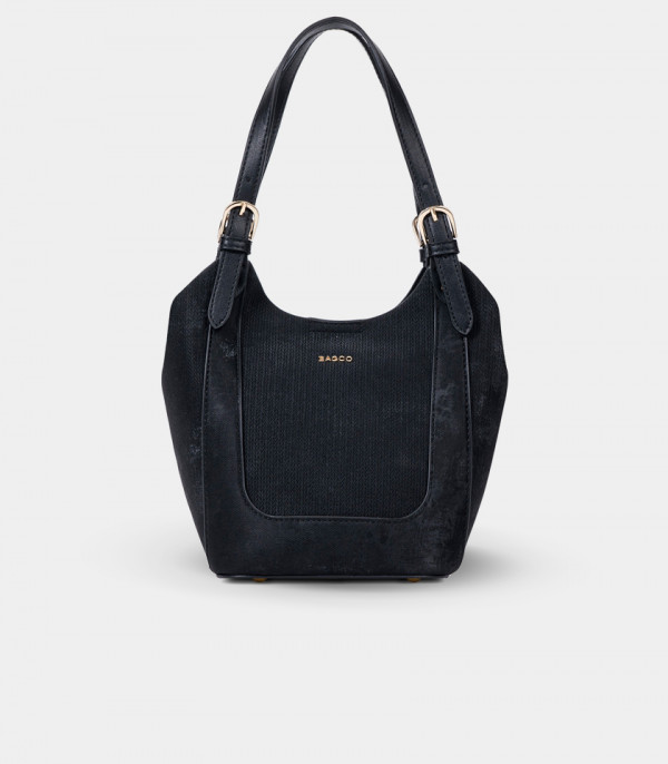 HARMONIE soft canvas bucket bag - BAGCO Black color, front view.