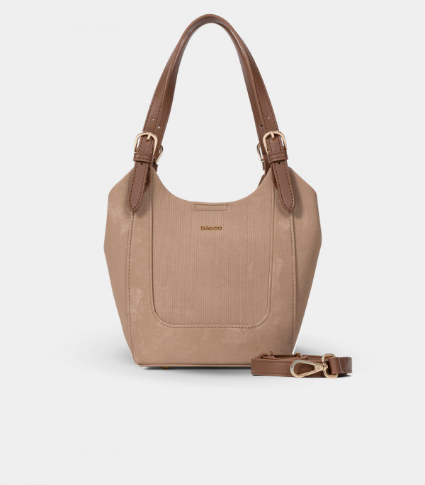 HARMONIE soft canvas bucket bag - BAGCO Camel color, with its shoulder strap.
