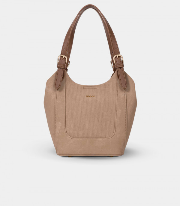 HARMONIE soft canvas bucket bag - BAGCO Camel color, front view.