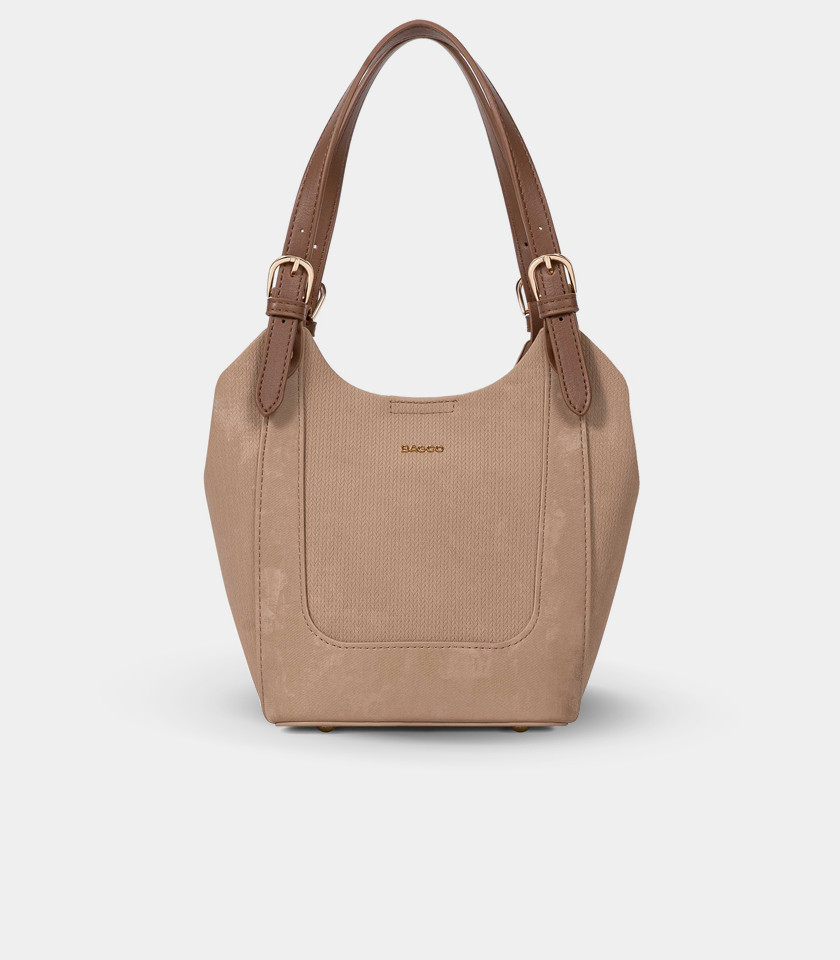 HARMONIE soft canvas bucket bag - BAGCO Camel color, with its shoulder strap.