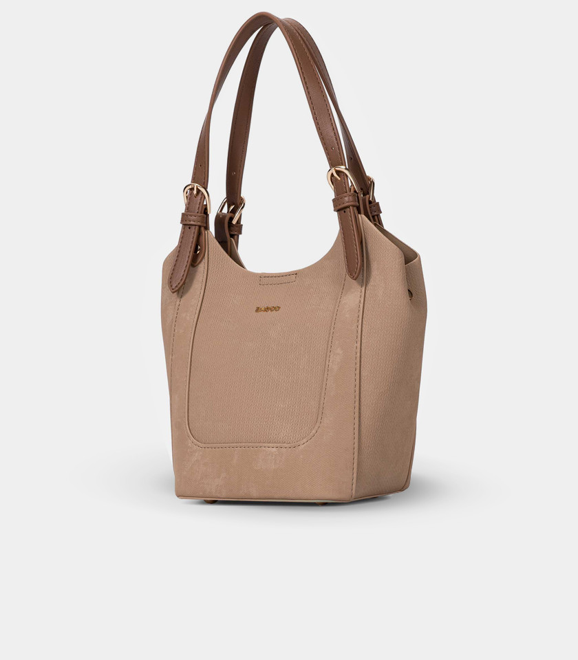 HARMONIE soft canvas bucket bag - BAGCO Camel color, with its shoulder strap.
