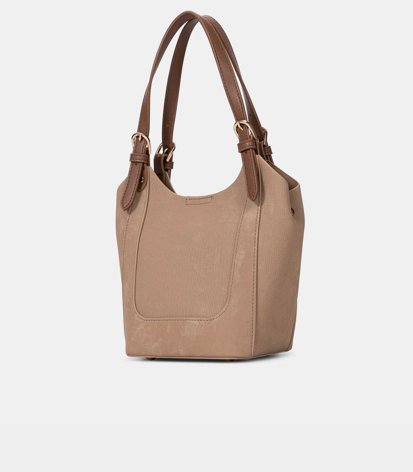 HARMONIE soft canvas bucket bag - BAGCO Camel color, with its shoulder strap.