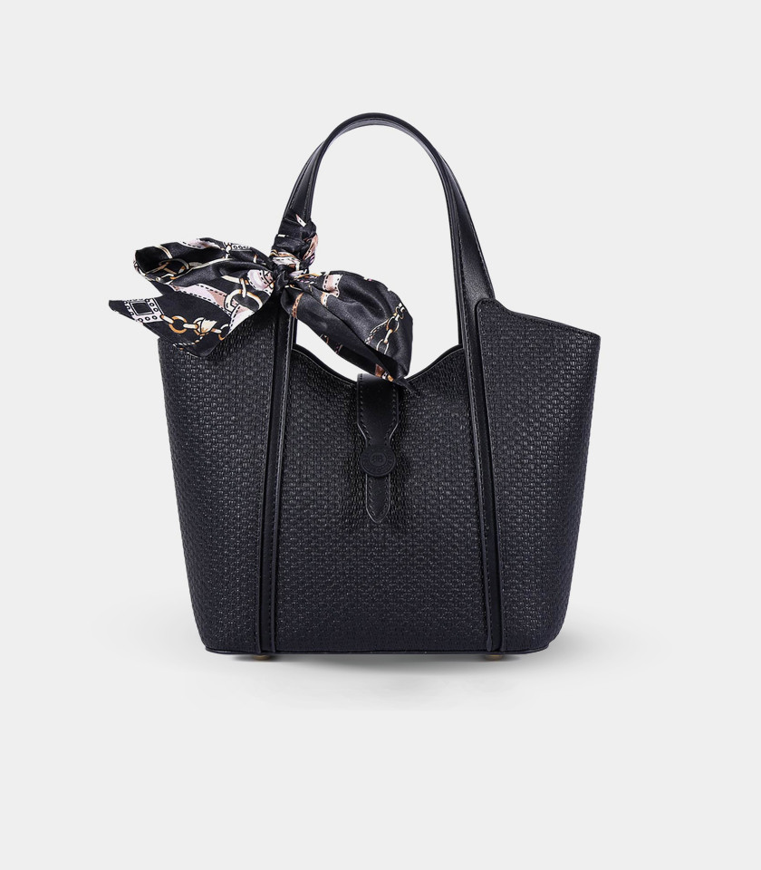 RIVE GAUCHE scarf bucket bag - BAGCO Black color, front view.