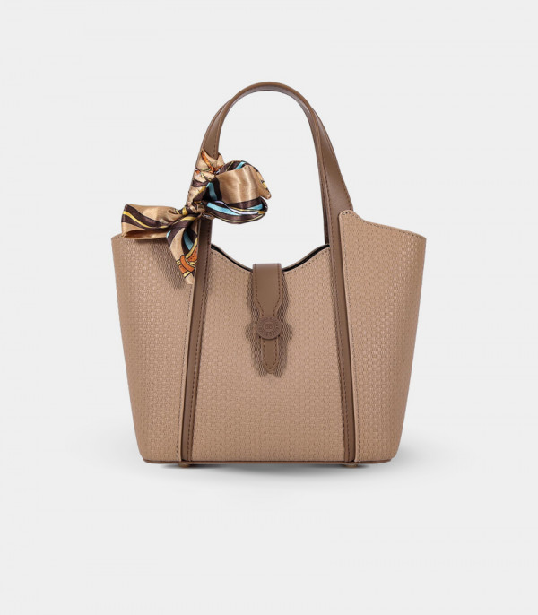 RIVE GAUCHE scarf bucket bag - BAGCO Camel color, front view.