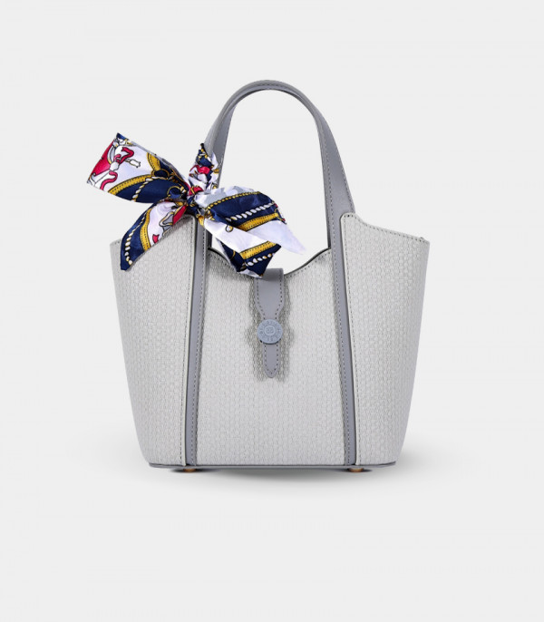 RIVE GAUCHE scarf bucket bag - BAGCO Gray color, front view.