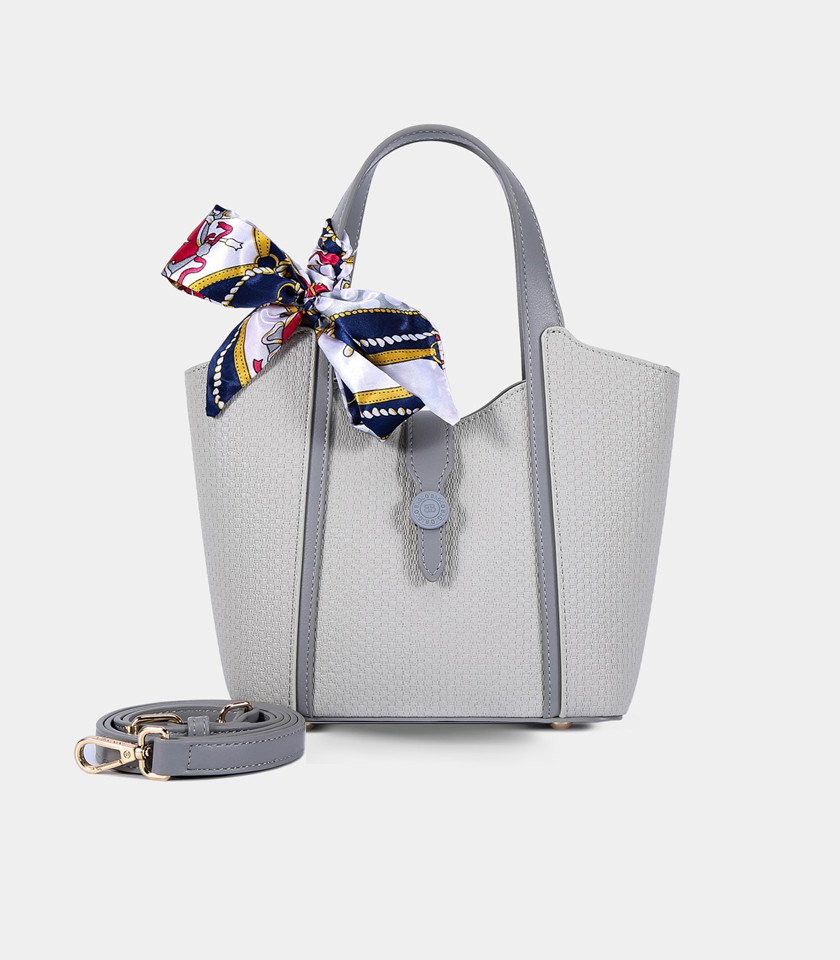 RIVE GAUCHE scarf bucket bag - BAGCO Gray color, front view.
