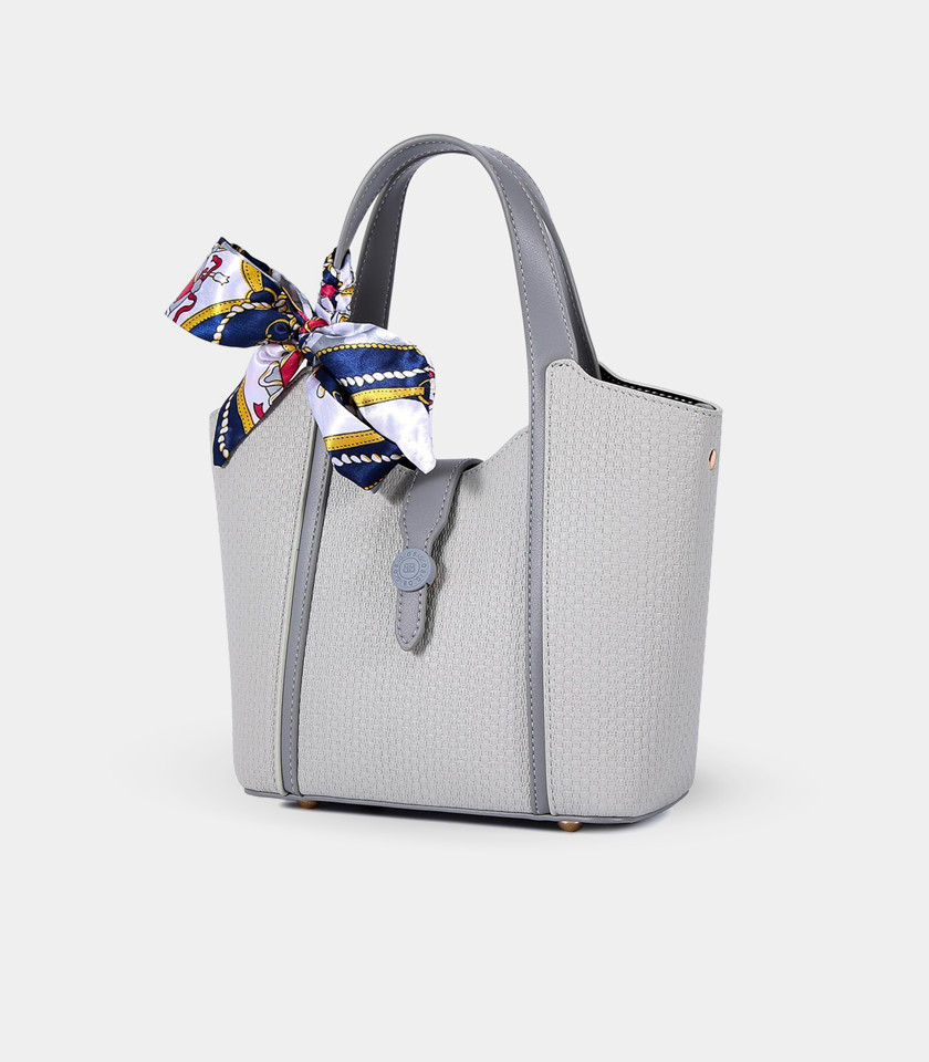 RIVE GAUCHE scarf bucket bag - BAGCO Gray color, front view.