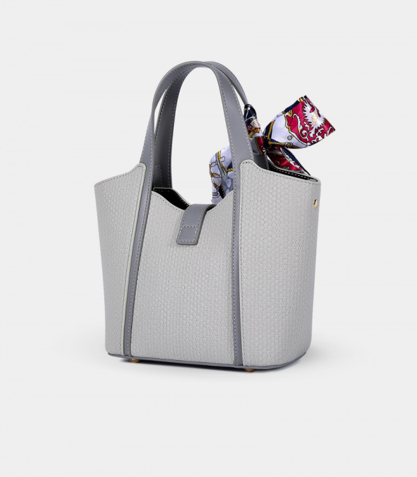 Back view of the RIVE GAUCHE scarf bucket bag - BAGCO Gray color.
