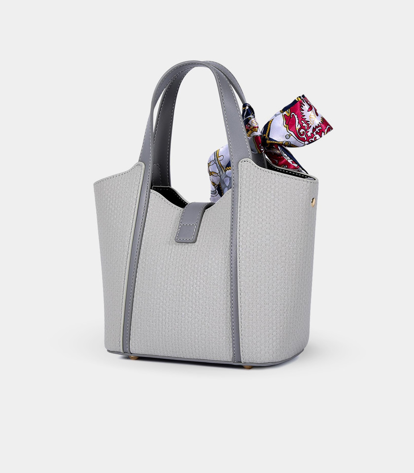 RIVE GAUCHE scarf bucket bag - BAGCO Gray color, front view.