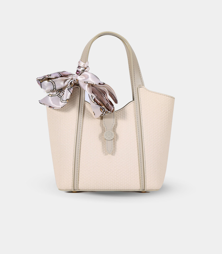 RIVE GAUCHE scarf bucket bag - BAGCO Ivory color, front view.
