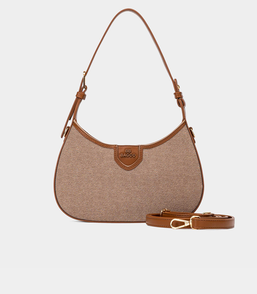ESPRIT canvas curved hobo bag - BAGCO Camel color, front view.