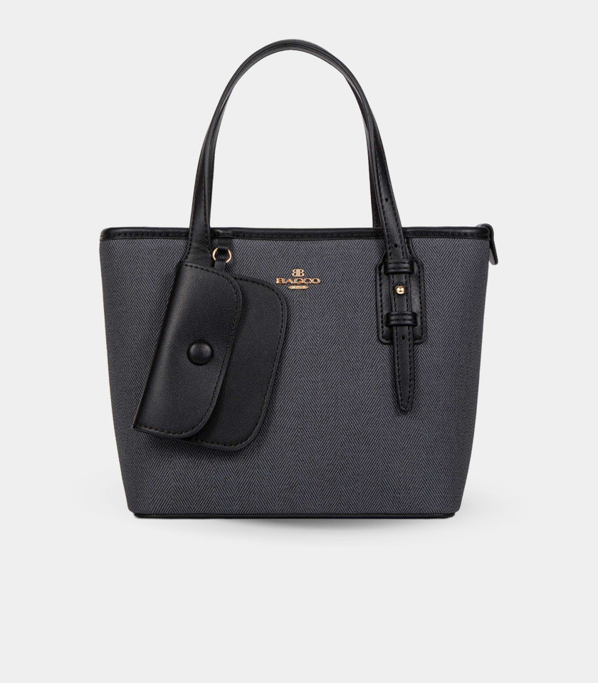 ELEGANCE canvas mini tote bag - BAGCO Black color, front view.