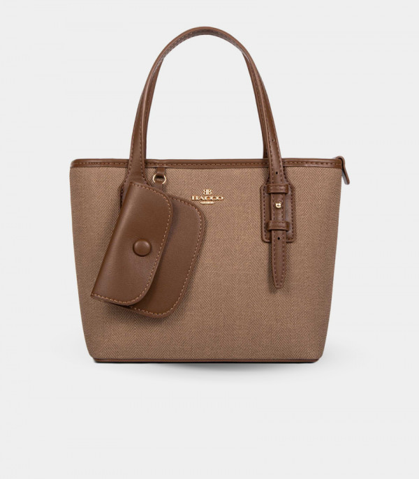 Mini borsa tote in tela ELEGANCE - BAGCO colore Caffè, vista frontale.
