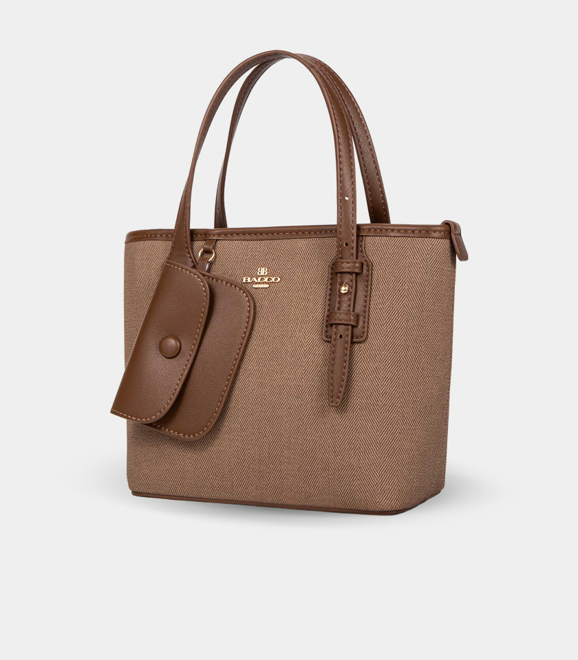 ELEGANCE canvas mini tote bag - BAGCO Coffee color, front view.