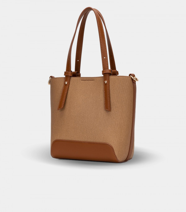 SOLSTICE canvas mini tote bag - BAGCO Camel color, three-quarter view.
