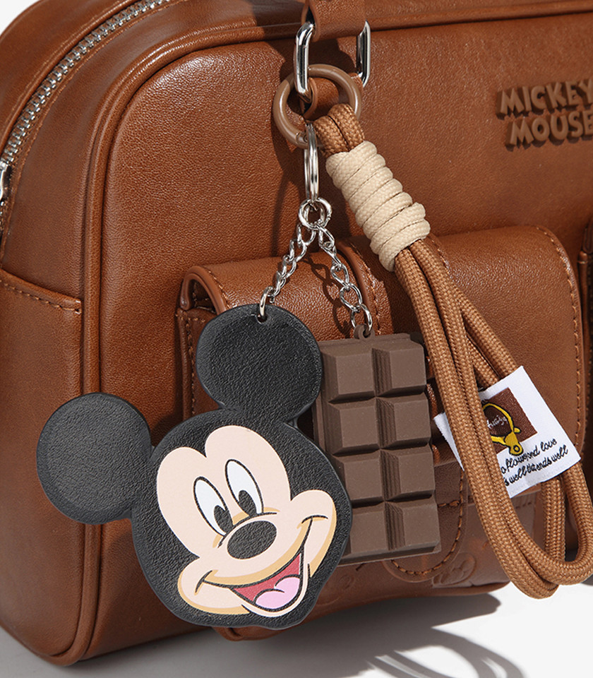 DISNEY MICKEY MOUSE bowling shoulder bag, Camel color, three-quarter view with charm.