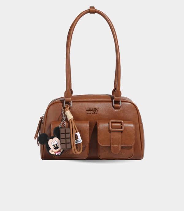 DISNEY MICKEY MOUSE bowling shoulder bag, Camel color, front view with its charm.