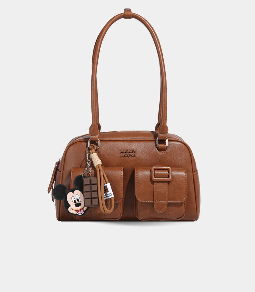 DISNEY MICKEY MOUSE bowling shoulder bag, Camel color, three-quarter view with charm.