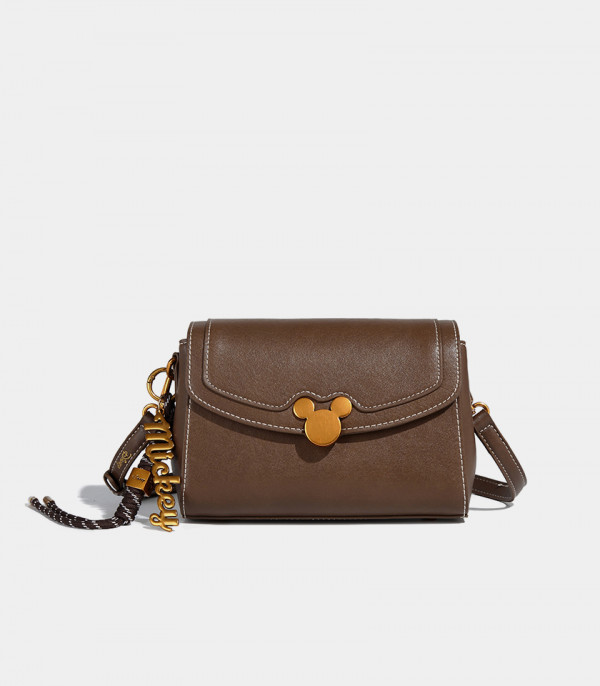 ICONIC MICKEY MOUSE flap shoulder bag, Camel color, front view.