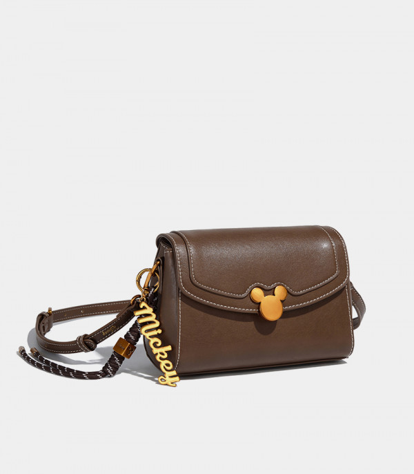 ICONIC MICKEY MOUSE flap shoulder bag, Camel color, three-quarter view.