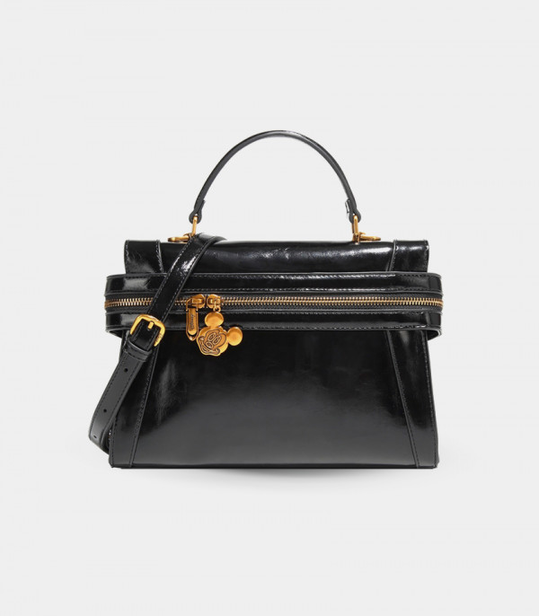DISNEY MICKEY MOUSE structured handbag, black color, front view with charm.
