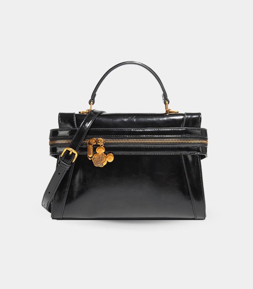 Borsa a mano strutturata DISNEY MICKEY MOUSE colore nero, vista frontale con ciondolo.