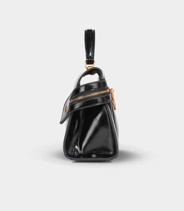 Side view of the DISNEY MICKEY MOUSE structured handbag, black color.